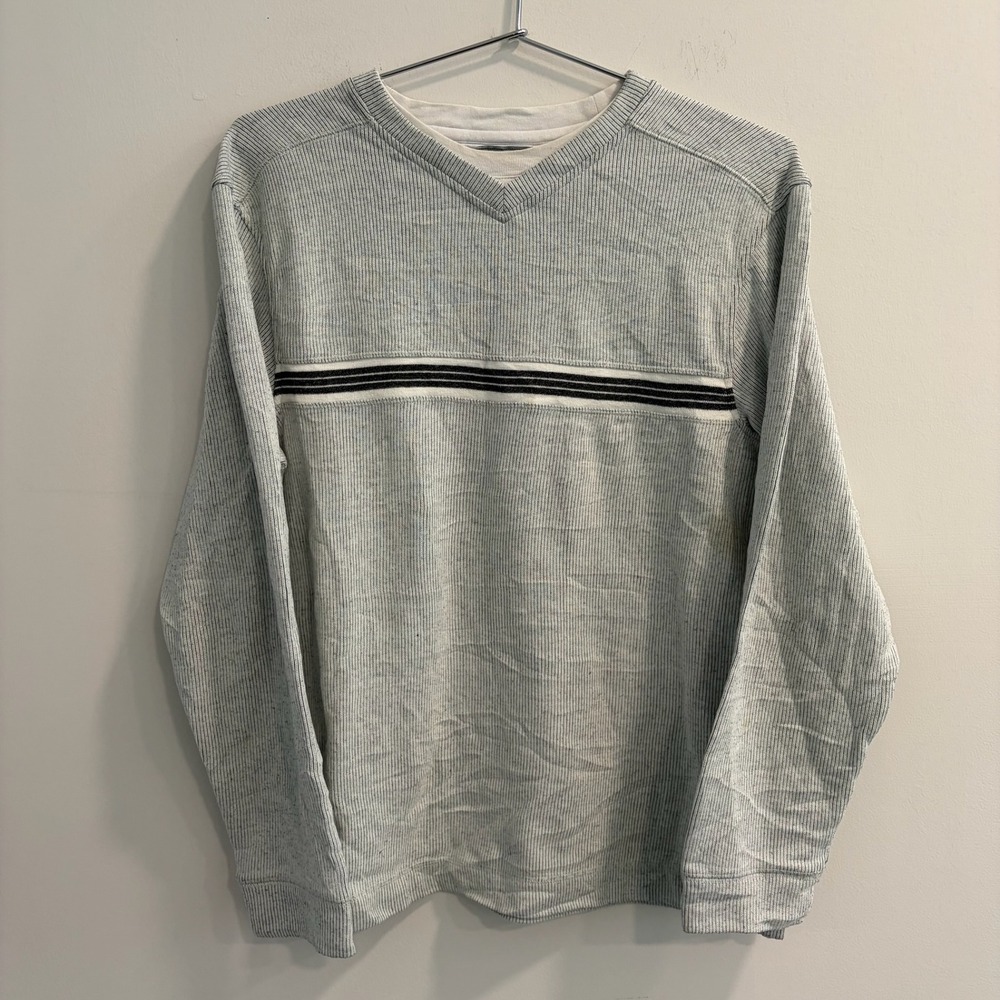 Method Mens Gray Ribbed Long Sleeve V-Neck Stripe Chest Knit Shirt Small